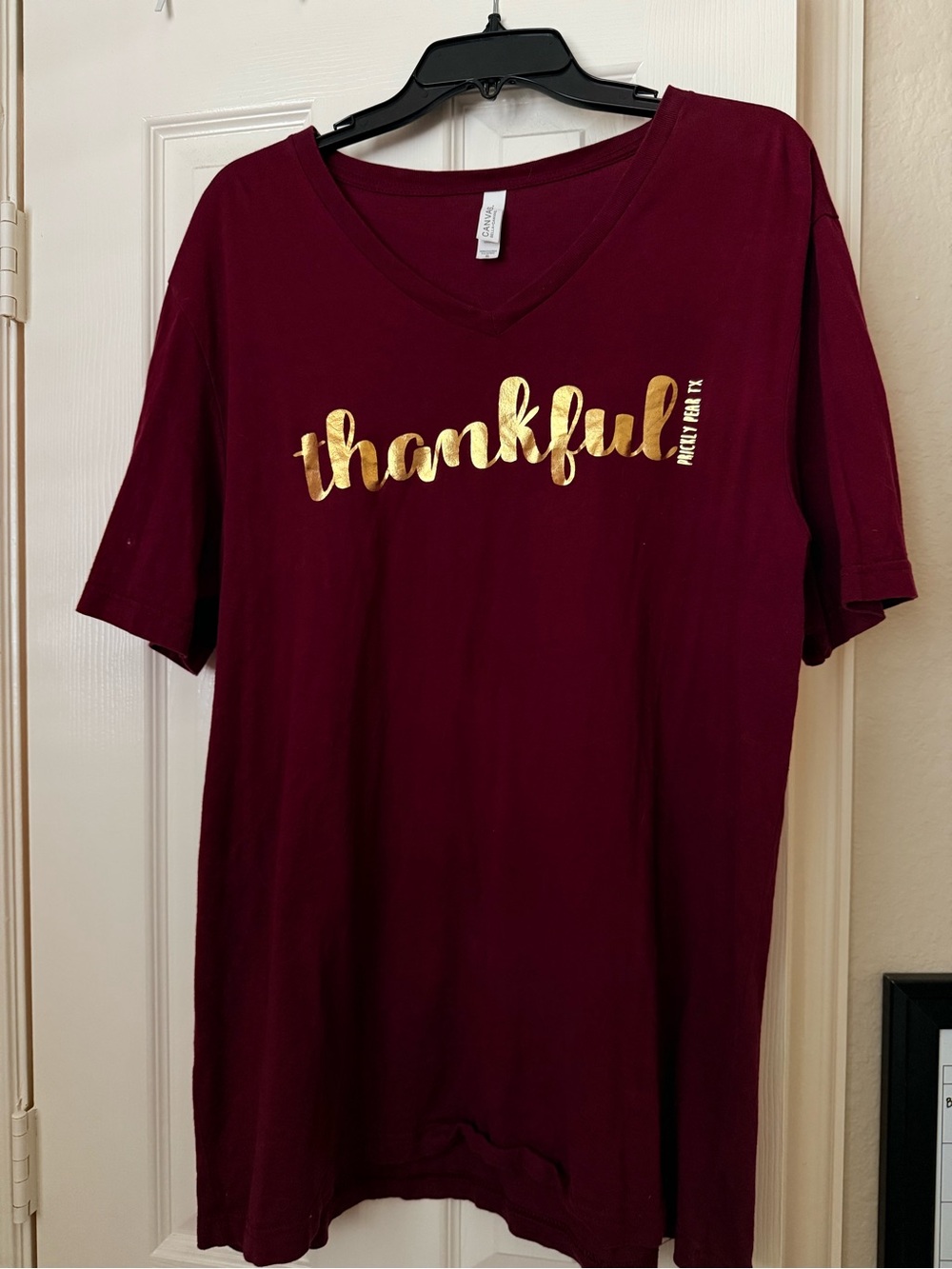 Bella Canvas Burgundy V-Neck Tee with Gold Foil 'thankful'